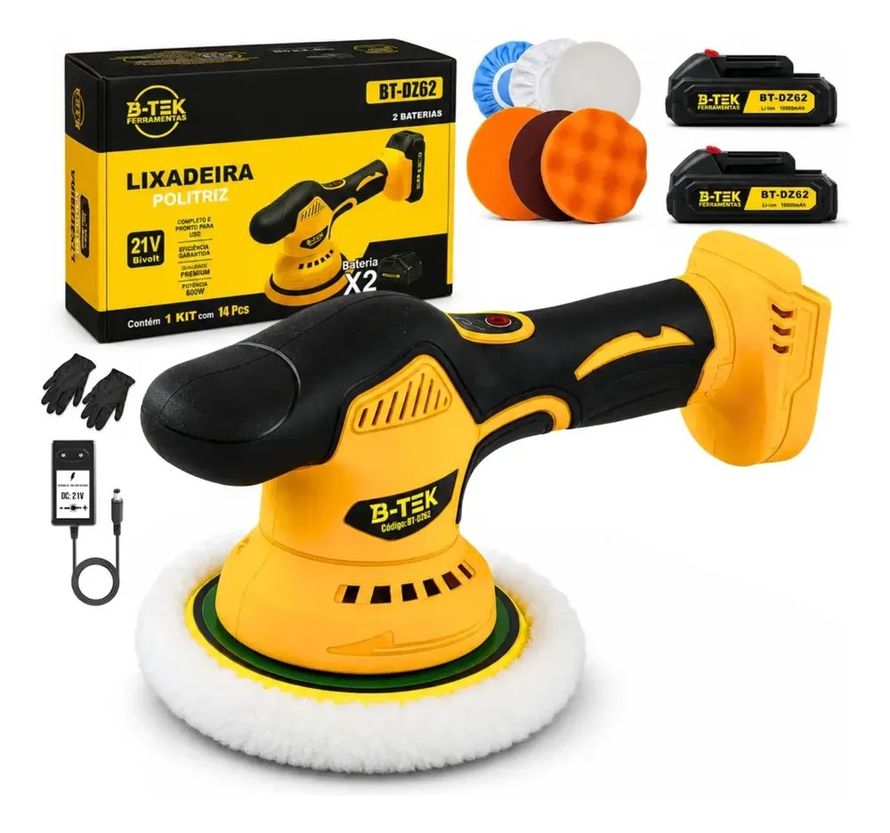 Politriz Roto Orbital a Bateria 21V Velocidade Variável 600W Estética Automotiva B-Tek BT-DZ62 | Kit Boinas Prato Polimento Carro Máquina de Polir 2 Baterias Sem Fio Brushless 2000-5000rpm Lustro