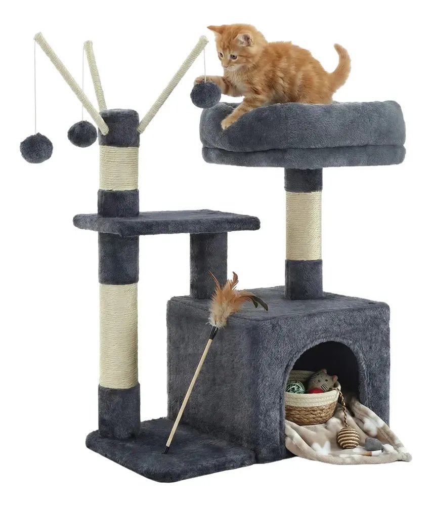 Arranhador Para Gatos Com 3 Pompoms, Casa Para Gatos Pequena Cor Cinza