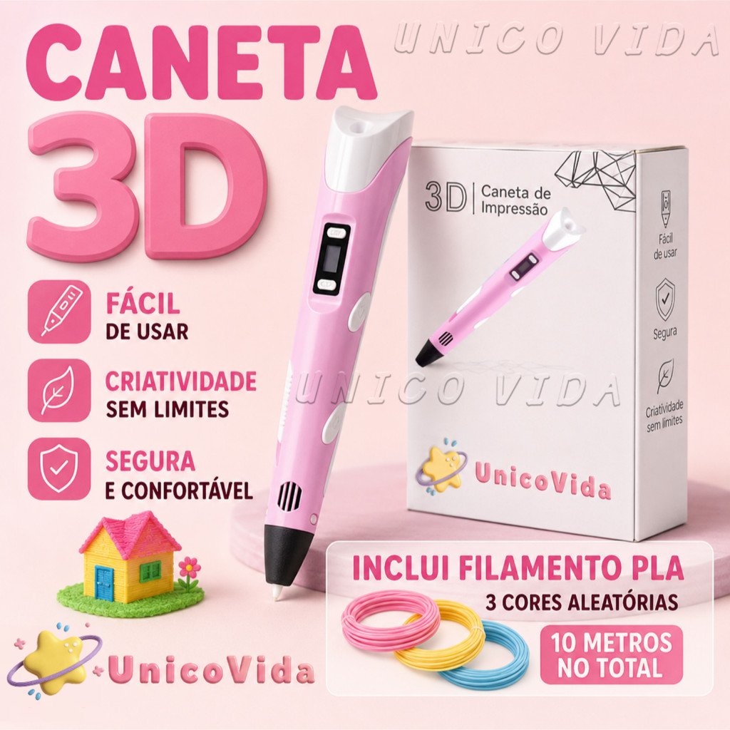 Caneta 3D Infantil com 10m de Filamento PLA para Desenho DIY | Brinquedo Criativo | UnicoVida