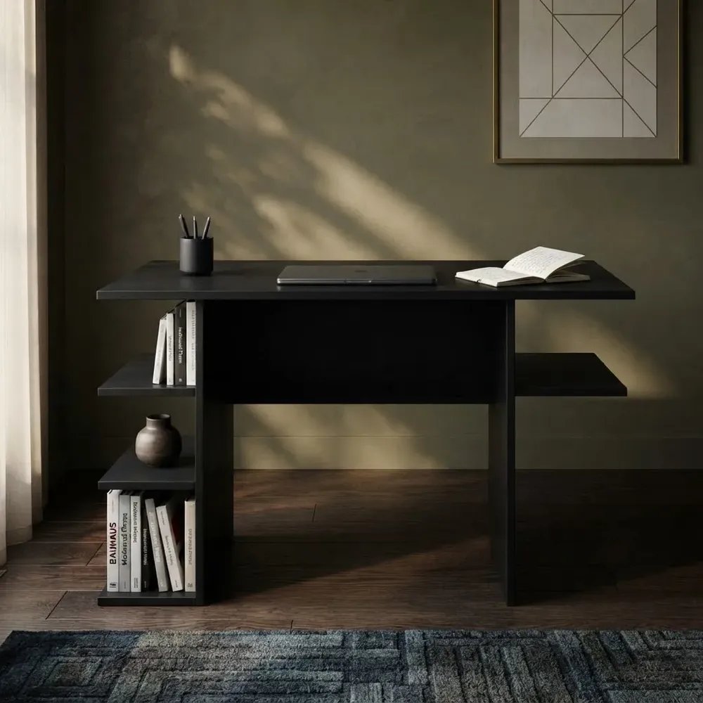 Mesa De Estudo Em Mdp Para Notebook Com Nichos E Prateleiras Preto