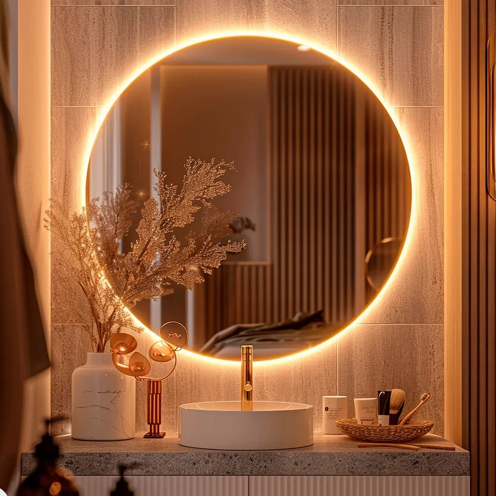 Espelho Redondo 50cm C/ Led Para Parede Quarto Banheiro Sala Moldura Redondo 50cm Led Quente