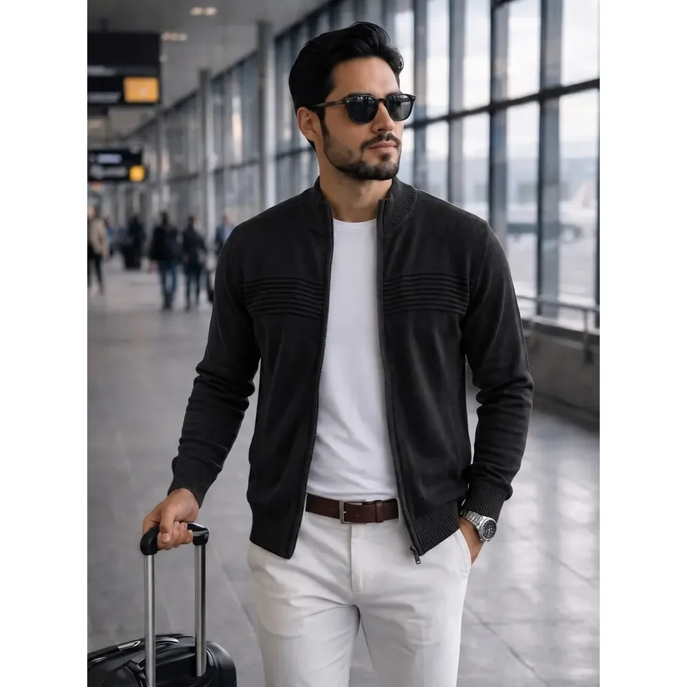 Casaco Masculino Tricot Com Zíper Gola Alta Jaqueta De Frio Preto M