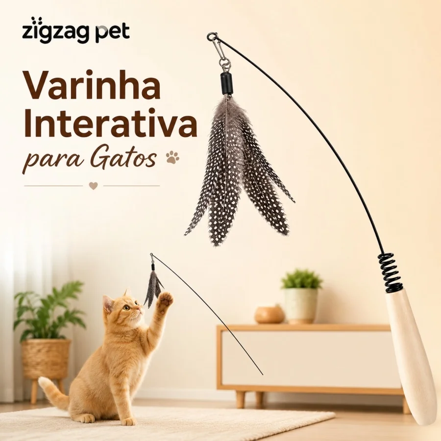 Brinquedo Interativo para Gatos Varinha com Penas Cabo de Madeira 50cm