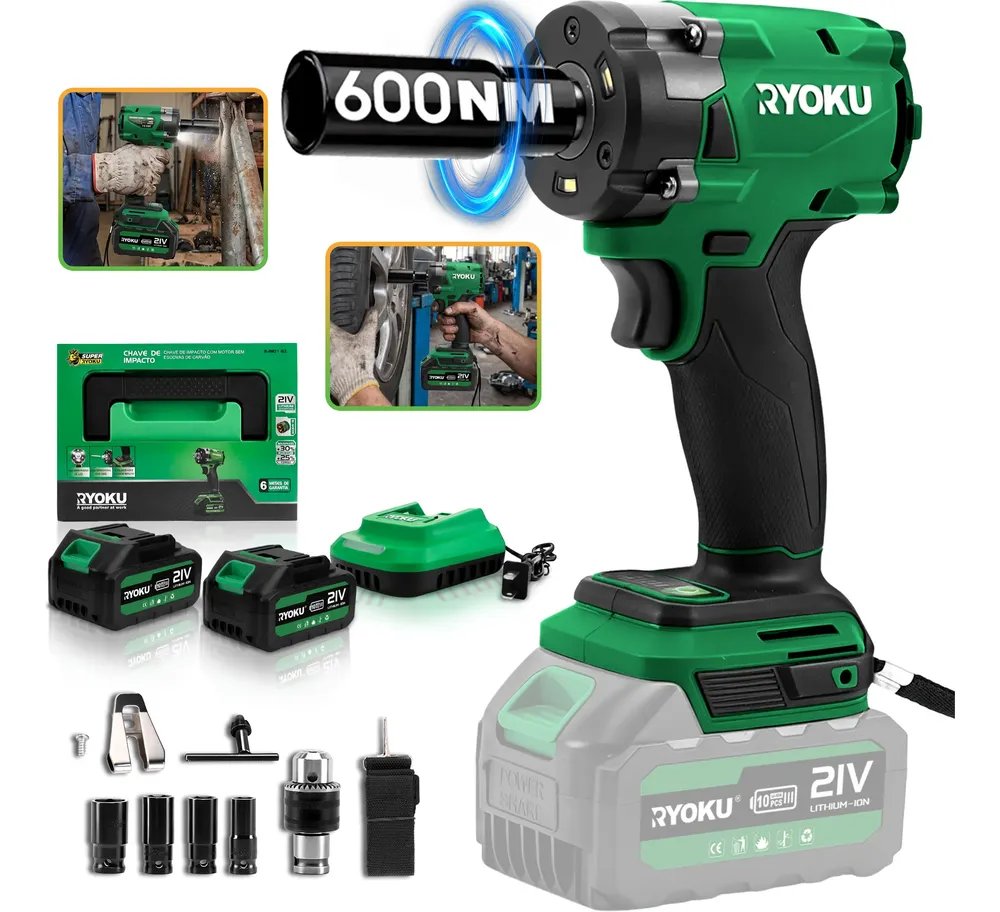 Chave De Impacto Brushless 21v 2 Baterias 600nm 1/2  Ryoku Verde 127/220v 50 Hz/60 Hz