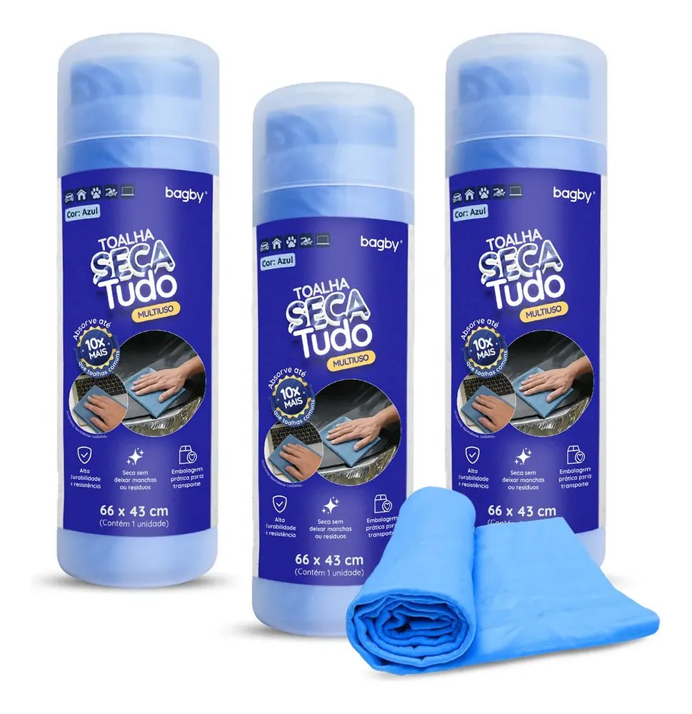 Kit 3 Toalha Mágica Multiuso 66x43 Ultra Absorção Seca Carro Azul