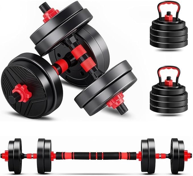 Conjunto de Halteres e Barra 15kg | Kit Musculação Completo para Treinar em Casa | Anilhas e Barras Ajustáveis | Academia em Casa Compacta Sem Kettlebell