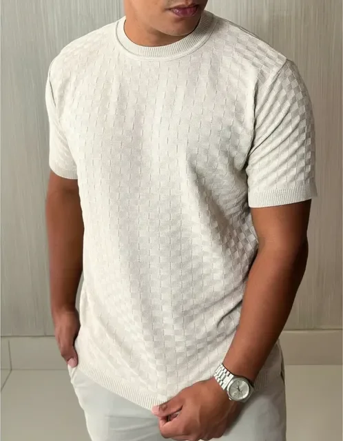 Camiseta Masculina Manga Curta Xadrez Tricô Leve Elegante