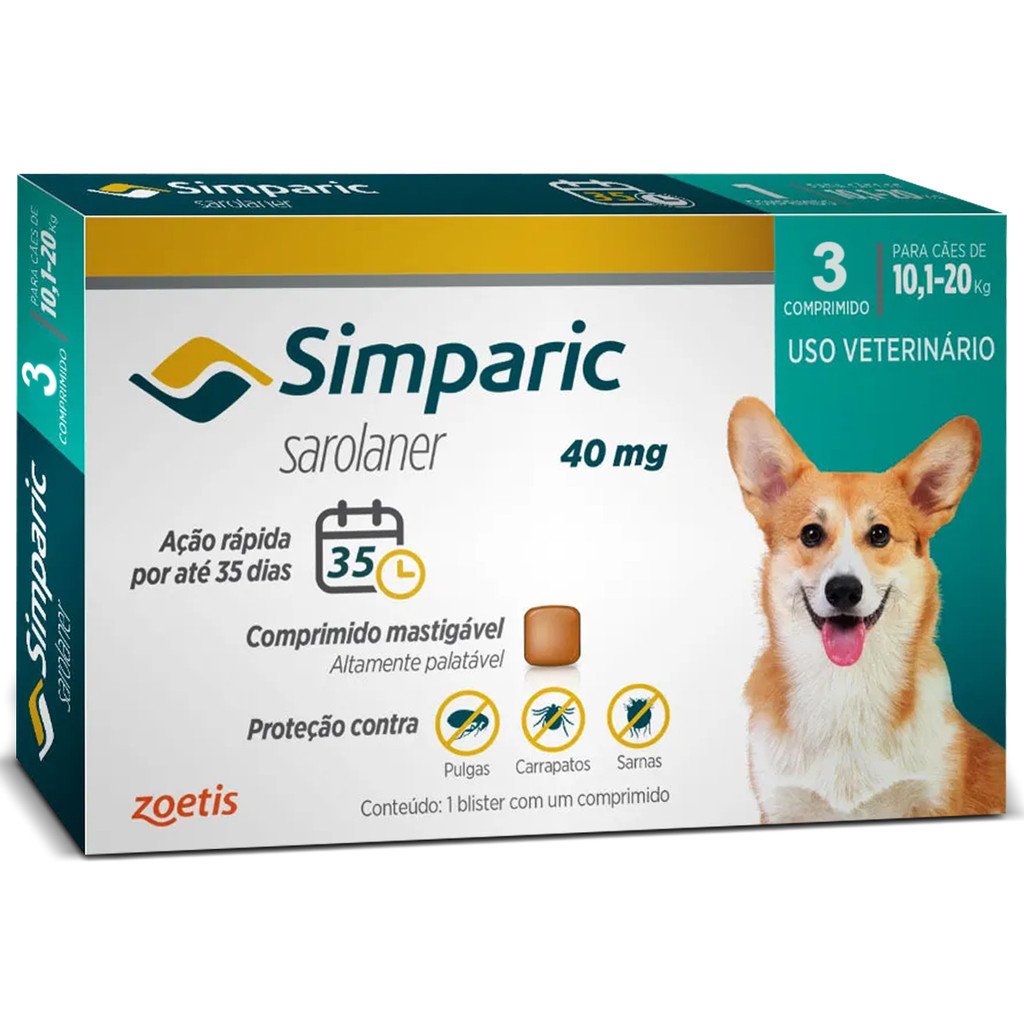 Antipulgas e Carrapatos Simparic 40mg para Cães de 10 a 20kg – 3 Comprimidos – Zoetis
