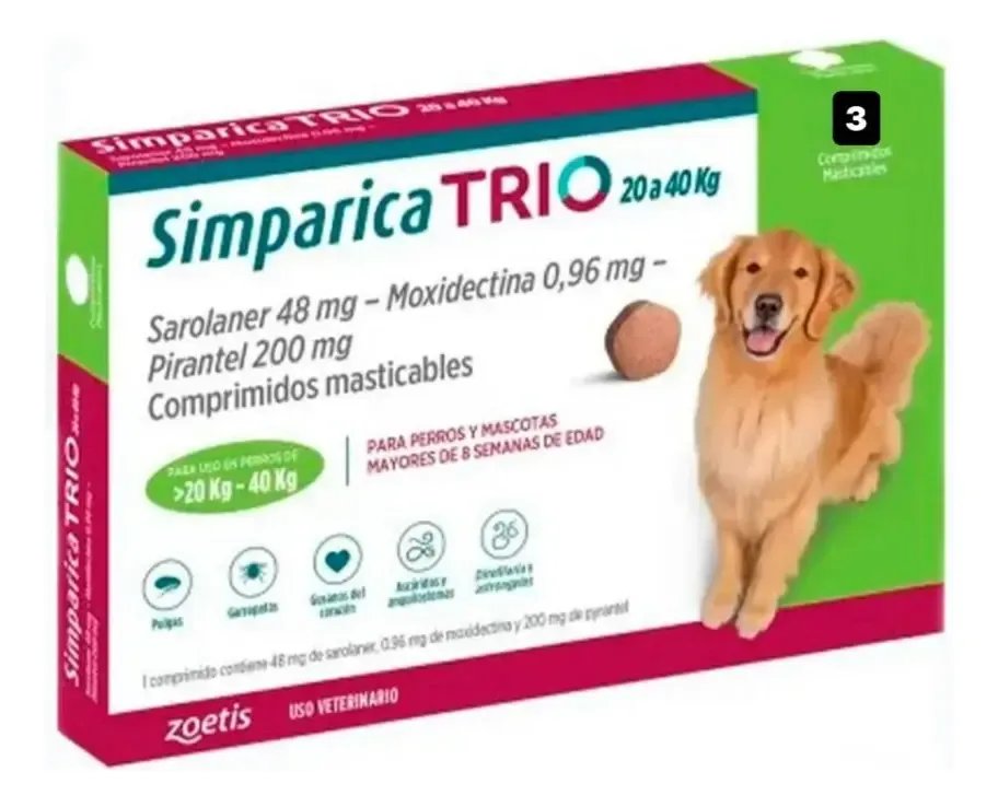 Zoetis Simparic Trio 20 A 40 Kg X 3 Comprimidos