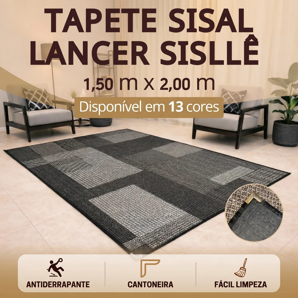Tapete Sisal 200x150 cm Lancer Sisllê Antiderrapante Cantoneira Aço Cromado Sala Quarto Escritório