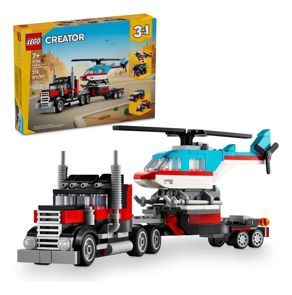 <p>LEGO® Creator 3 em 1 – Caminhão Plataforma com Helicóptero, Jogo de Carro Hot Rod, Avião de Brinquedo, Caminhão de Brinquedo, Miniatura de Avião, Presente para Criança de 7 Anos 31146</p>