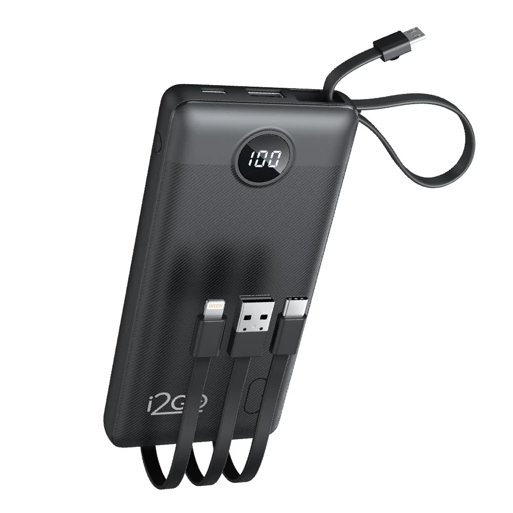I2GO, Carregador Portátil (Power Bank), 10000mAh, 4 em 1 Com Cabos Acoplados (Micro USB, USB-C, Lightning e USB-A), Preto, i2GO PRO