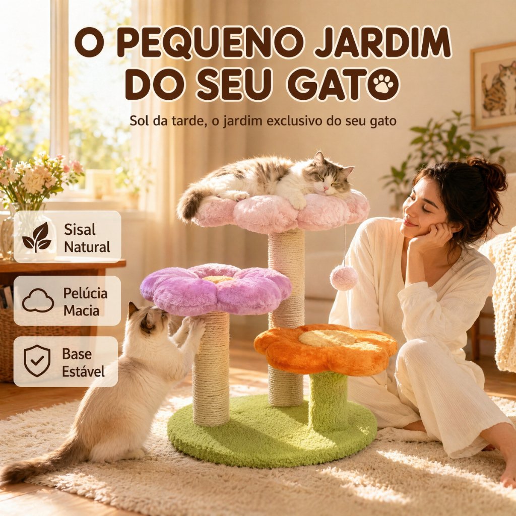 Torre de Gato Flor 3 Níveis Altura 48cm Postes Sisal, Plataformas Macias com Bolinha de Brinquedo Pendente