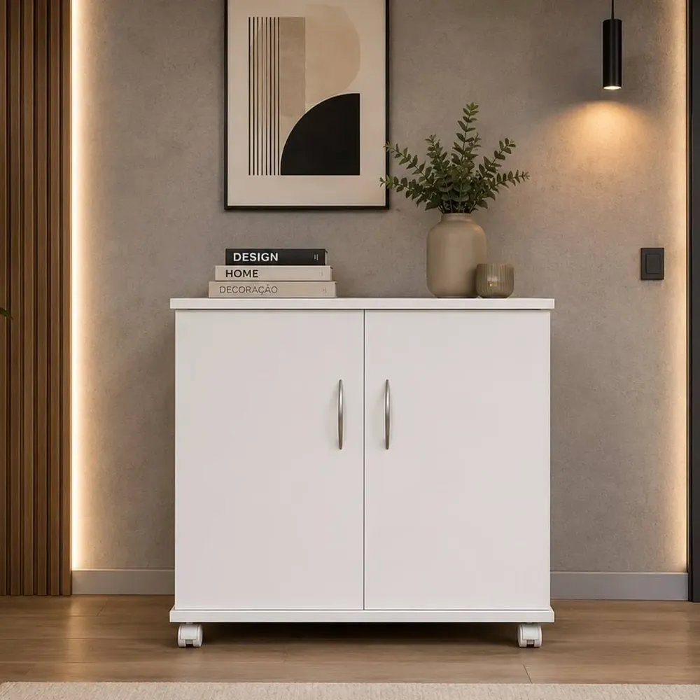 Balcão Aparador Multiuso 71x60 Mdp Auxiliar Com 4 Rodinhas Branco