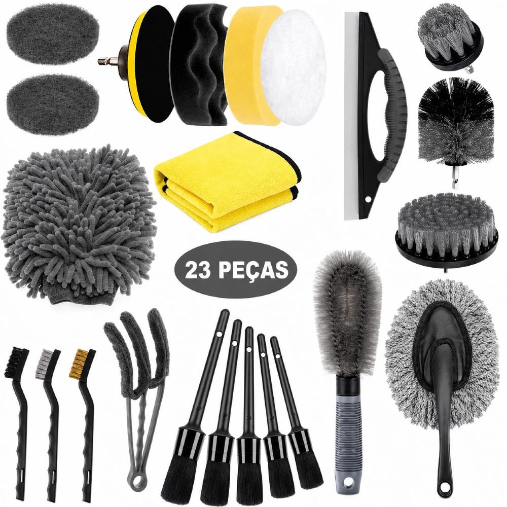 Kit 23 Peças Escova Detalhamento Automotivo - Saco Lavagem com Toalha e Pneu para Limpeza Completa