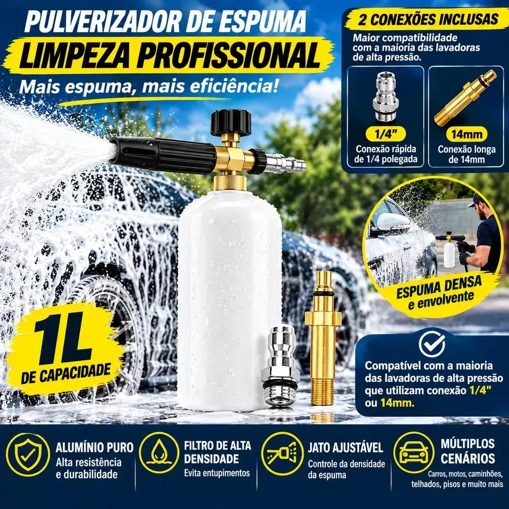 Fallove Pulverizador de Espuma 1L Canhão de Espuma p/ Carros e Motos com 2 Engates: Rápido 1/4" e Longo 14mm, Compatível com Lavadoras de Alta Pressão, Alumínio e Ajuste de Espuma