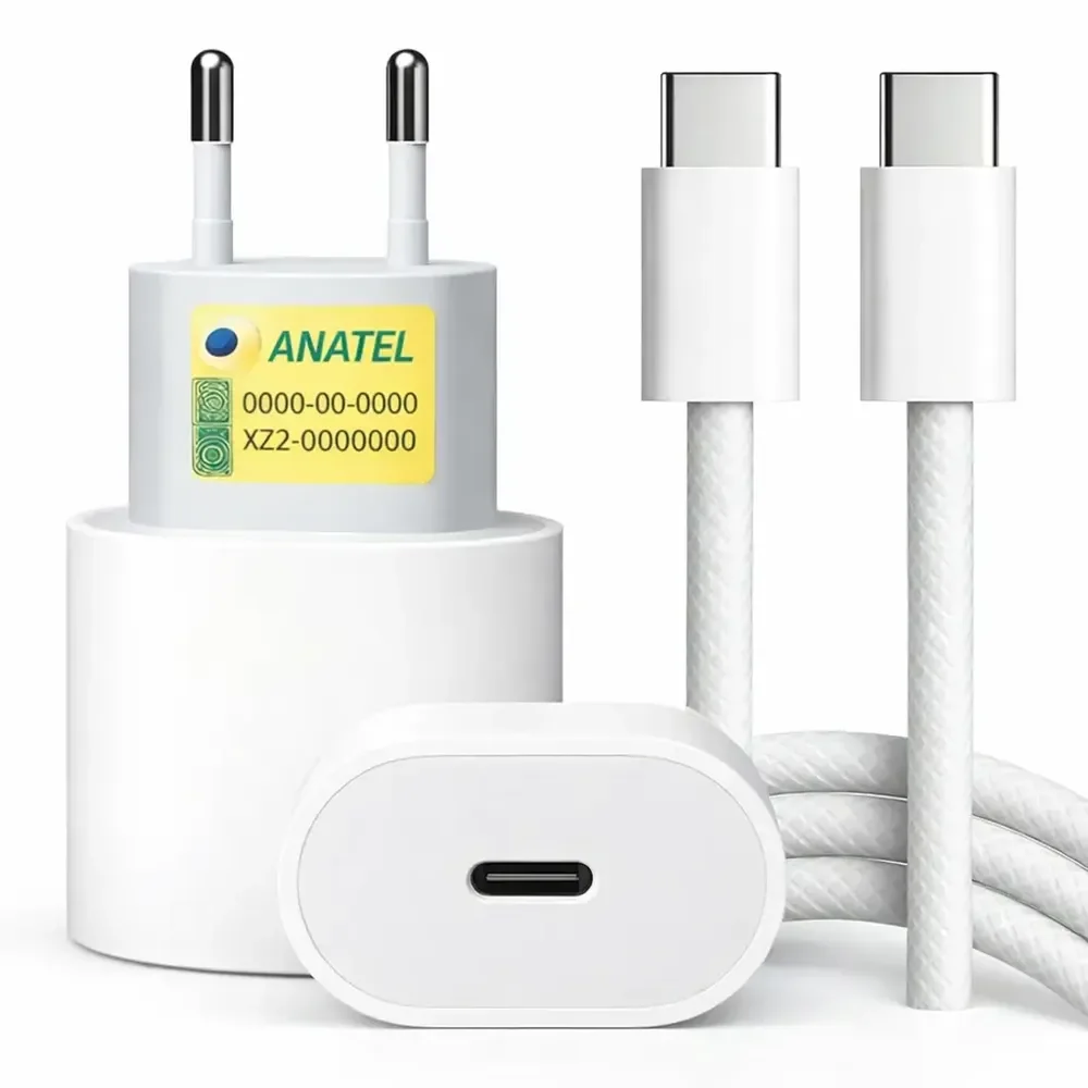 Carregador Turbo Usb-c Com Cabo Tipo C 1 Metro Trançado Branco Fonte De Carregamento Turbo, Alta Potência, Seguro E Compatível Com Iphone 15 16 17, Android Eletric Teck