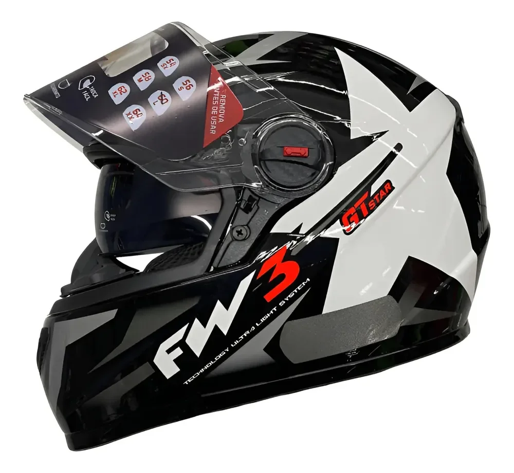Capacete Integral FW3 GTX Preto e Branco Estrela para Adultos
