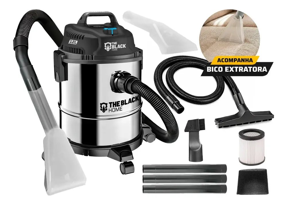 Aspirador De Pó E Água Inox Turbo 12 Litros 1200w Com Soprador E Bico Extratora Multiuso Tbac120 The Black Tools