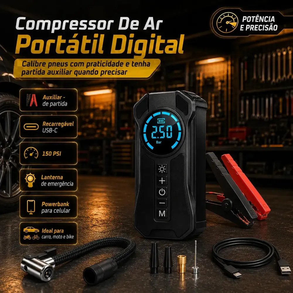 Compressor De Ar Portátil: Sua Solução Rápida E Eficaz Power Bank e Auxiliar de Partida Lanterna De Emergência