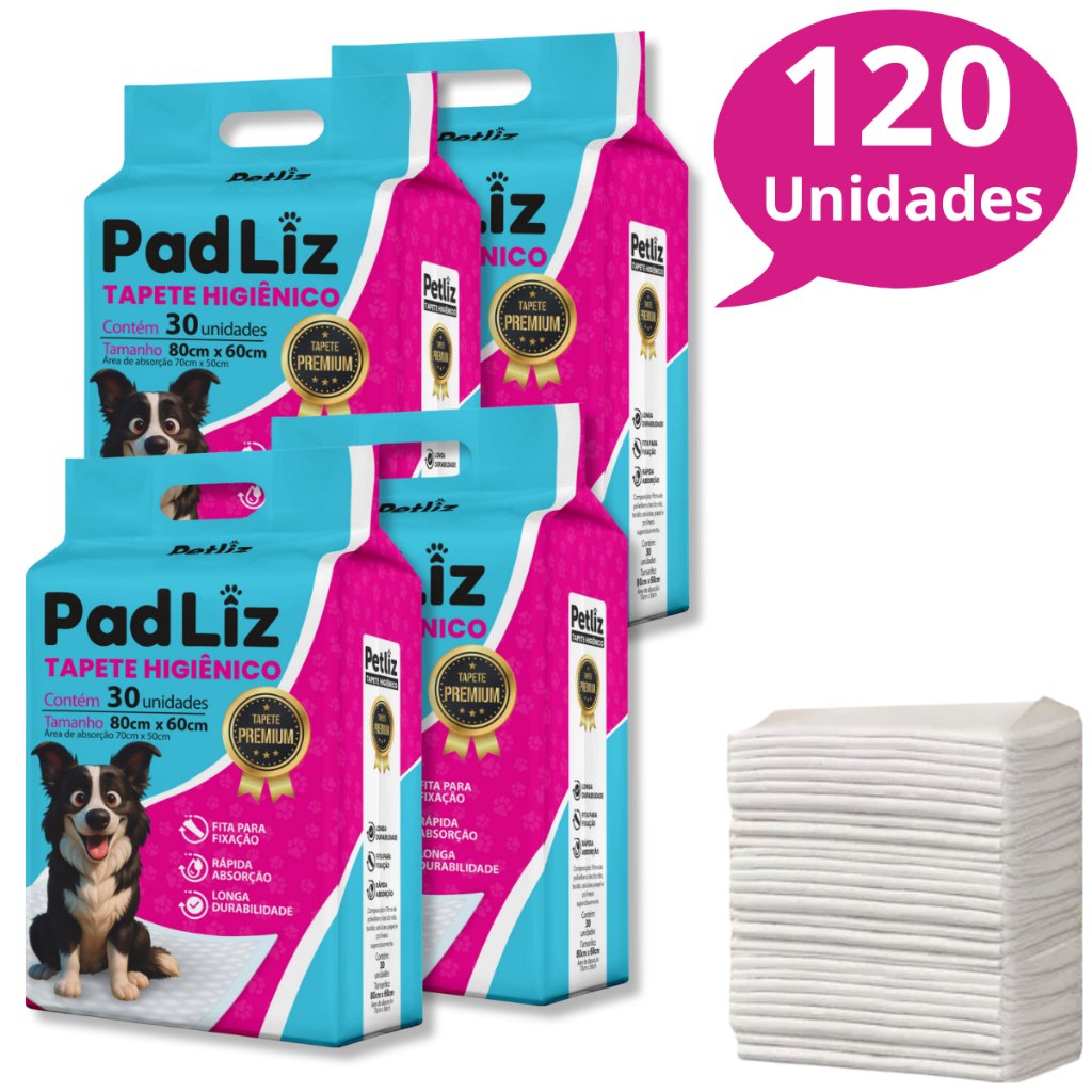 Kit 4 Tapete Higiênico para Cachorro Padliz 80 x 60 cm 120 Unidades - Petliz