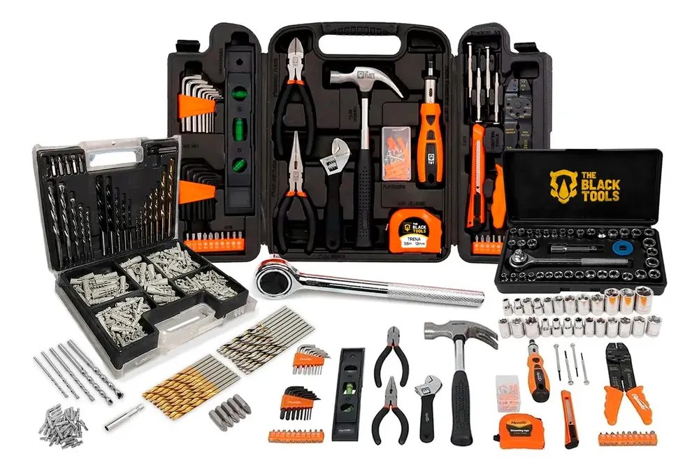 Kit Jogo De Ferramentas 129 Peças Com Jogo De 40 Soquetes Chaves E Kit 300 Peças Brocas E Buchas The Black Tools