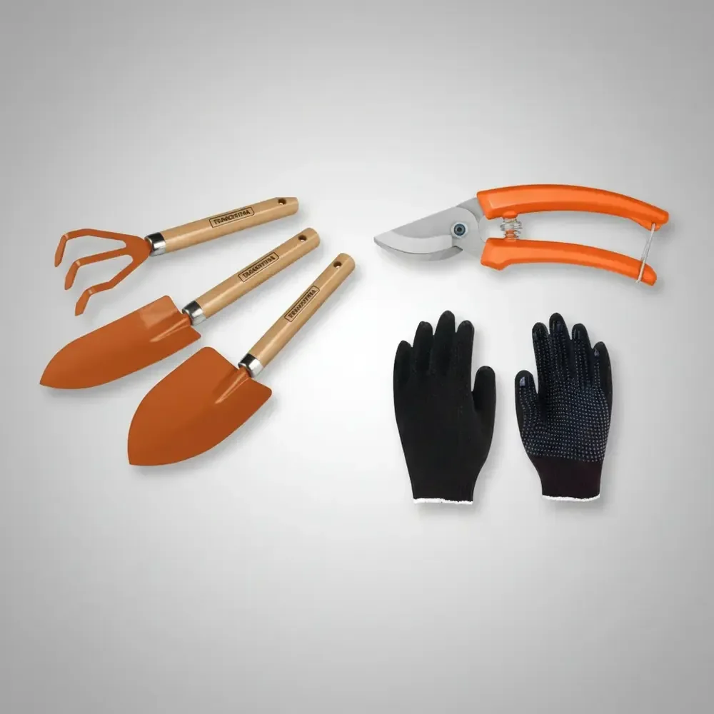 Jg Kit Jardinagem 5pç Tramontina Tesoura Ancinho Luva  +2 Pá
