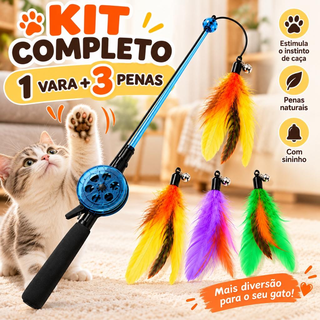 Kit Varinha para Gatos + 3 Refis de Penas | Brinquedo Interativo com Carretel Retrátil e Sininho