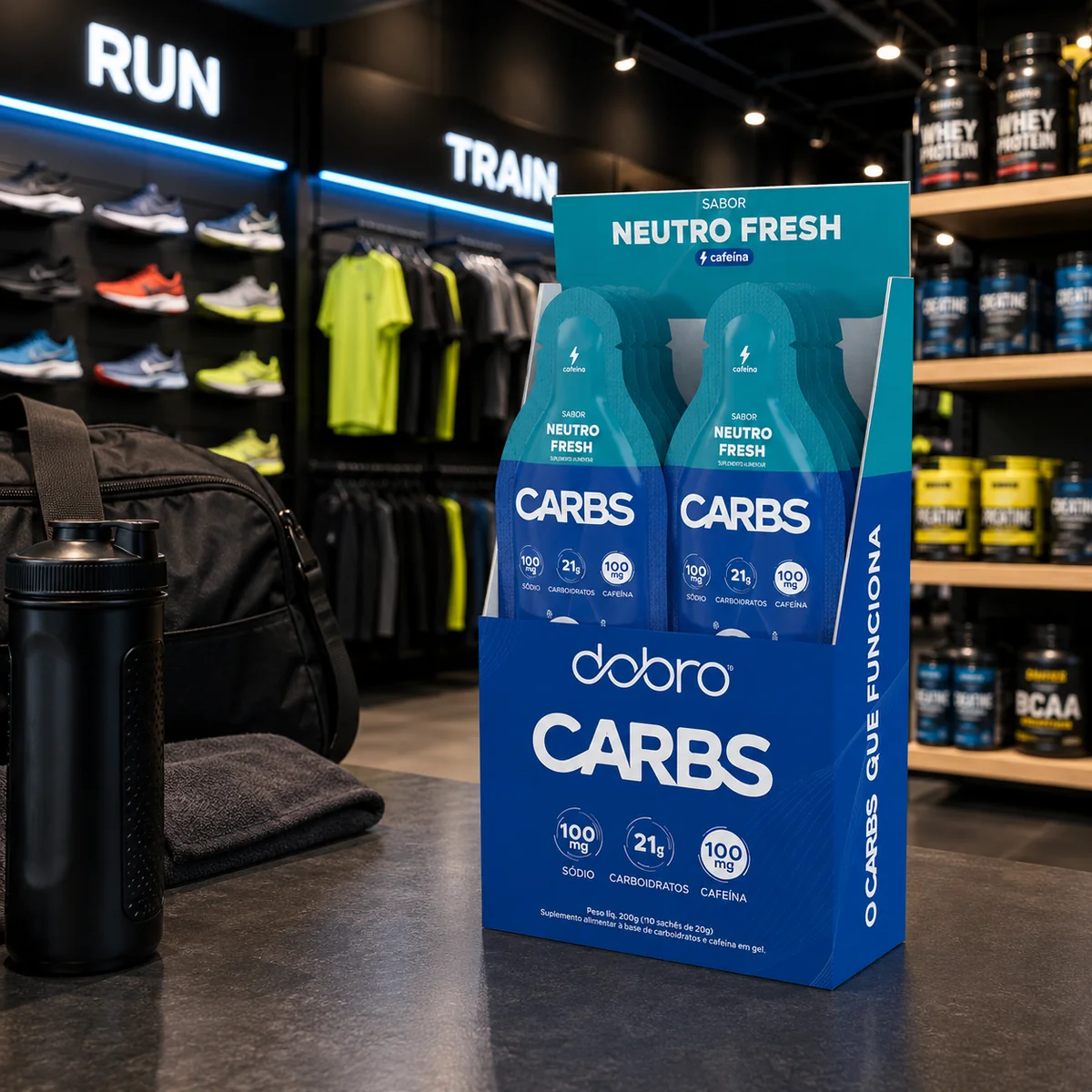 Carbs Gel, Dobro, Gel de Carboidrato, Sabor Neutro Fresh com Cafeína - 10 Sachês de 30g