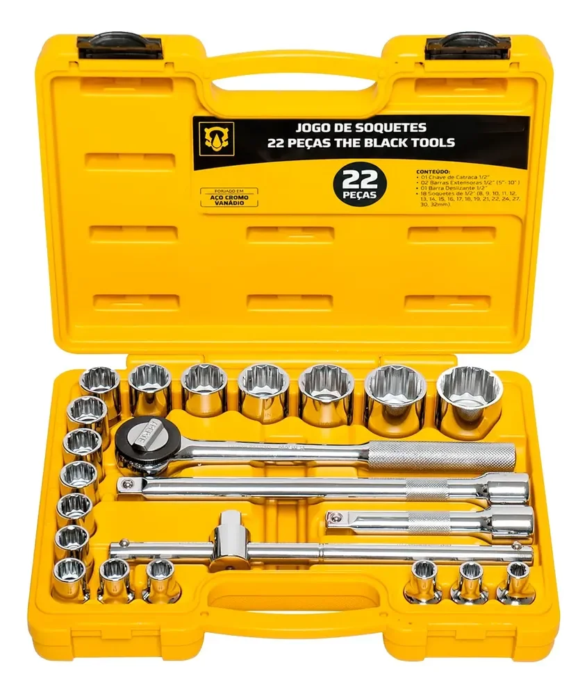 Jogo De Soquetes Estriados Encaixe 1/2'' 22 Peças 8 A 32mm   Amarelo