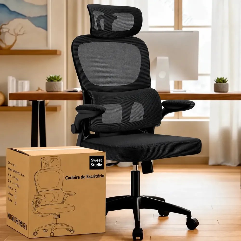 Cadeira de Escritório Sweet Studio Ergonômica Preta, com Apoio de Cabeça e Suporte Lombar