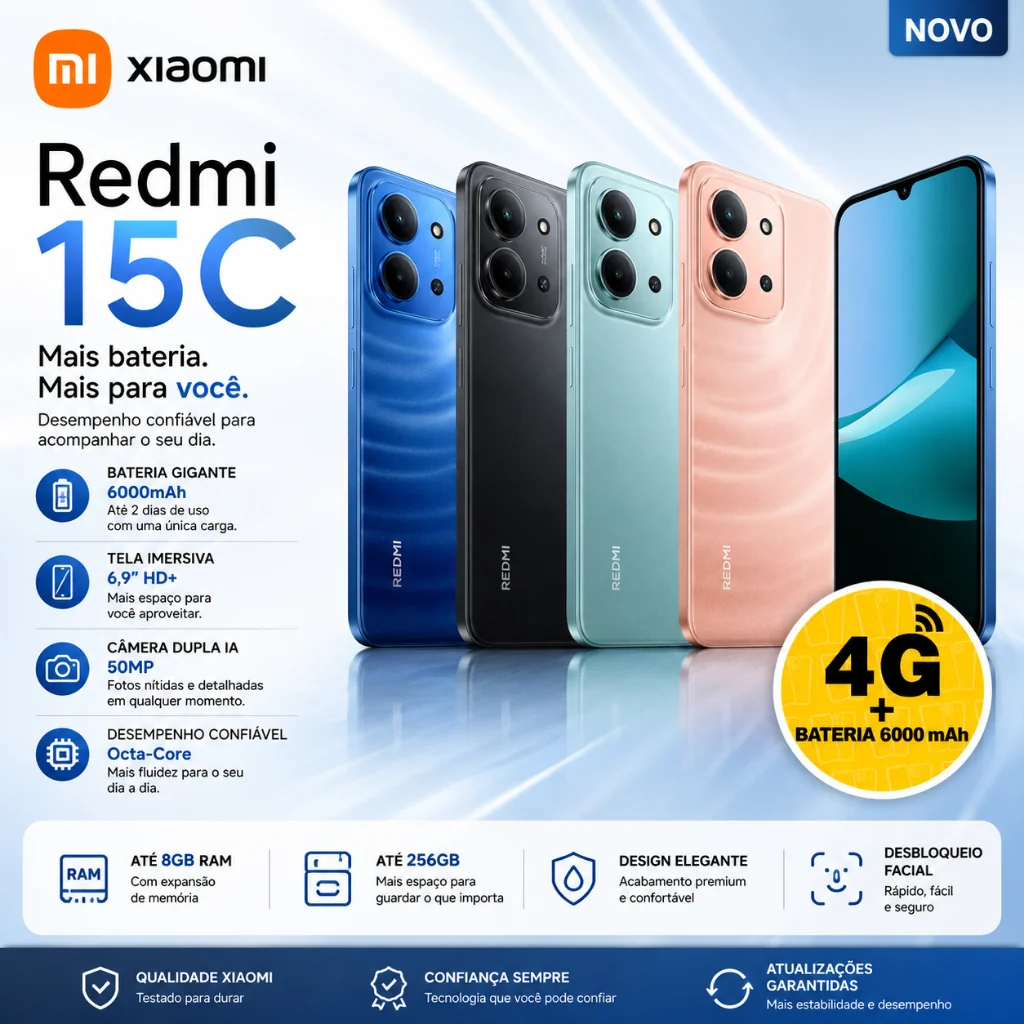 (Novo) Câmera Xiaomi Redmi 15C azul 8GB+256GB RAM / 4GB+128GB RAM 6,9″ 50 MP