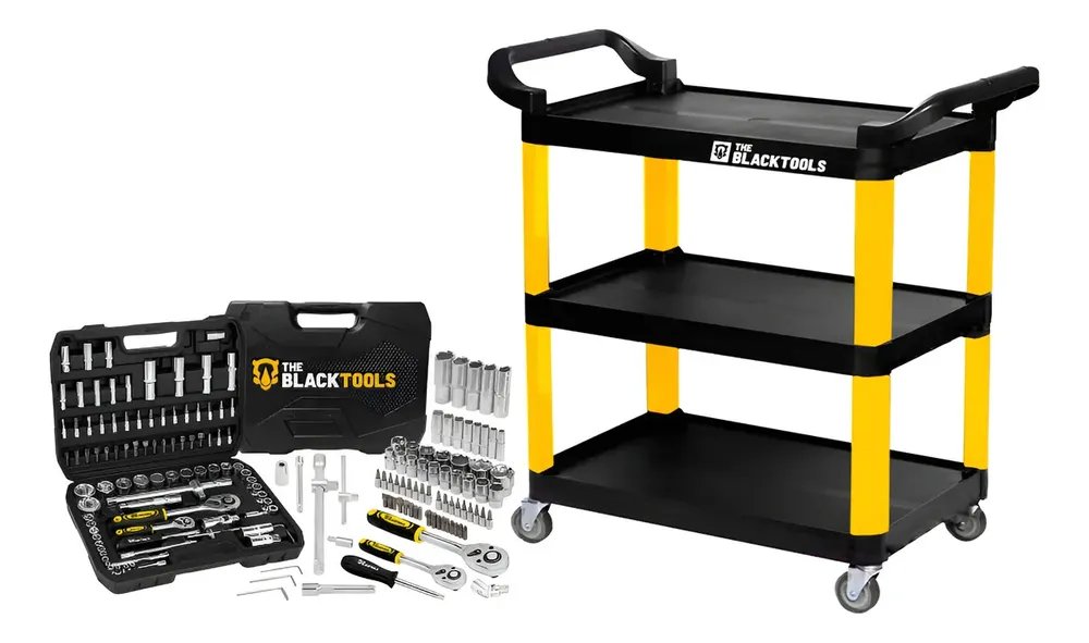Carrinho Para Ferramentas Organizodor 3 Prateleiras Com Jogo Ferramentas Soquetes Chaves Bits 94 Peças The Black Tools