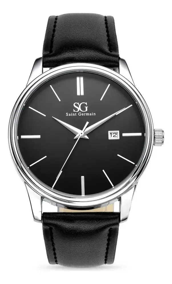 Relógio Masculino Preto Prata Saint Germain Couro 42mm Preto Prateado