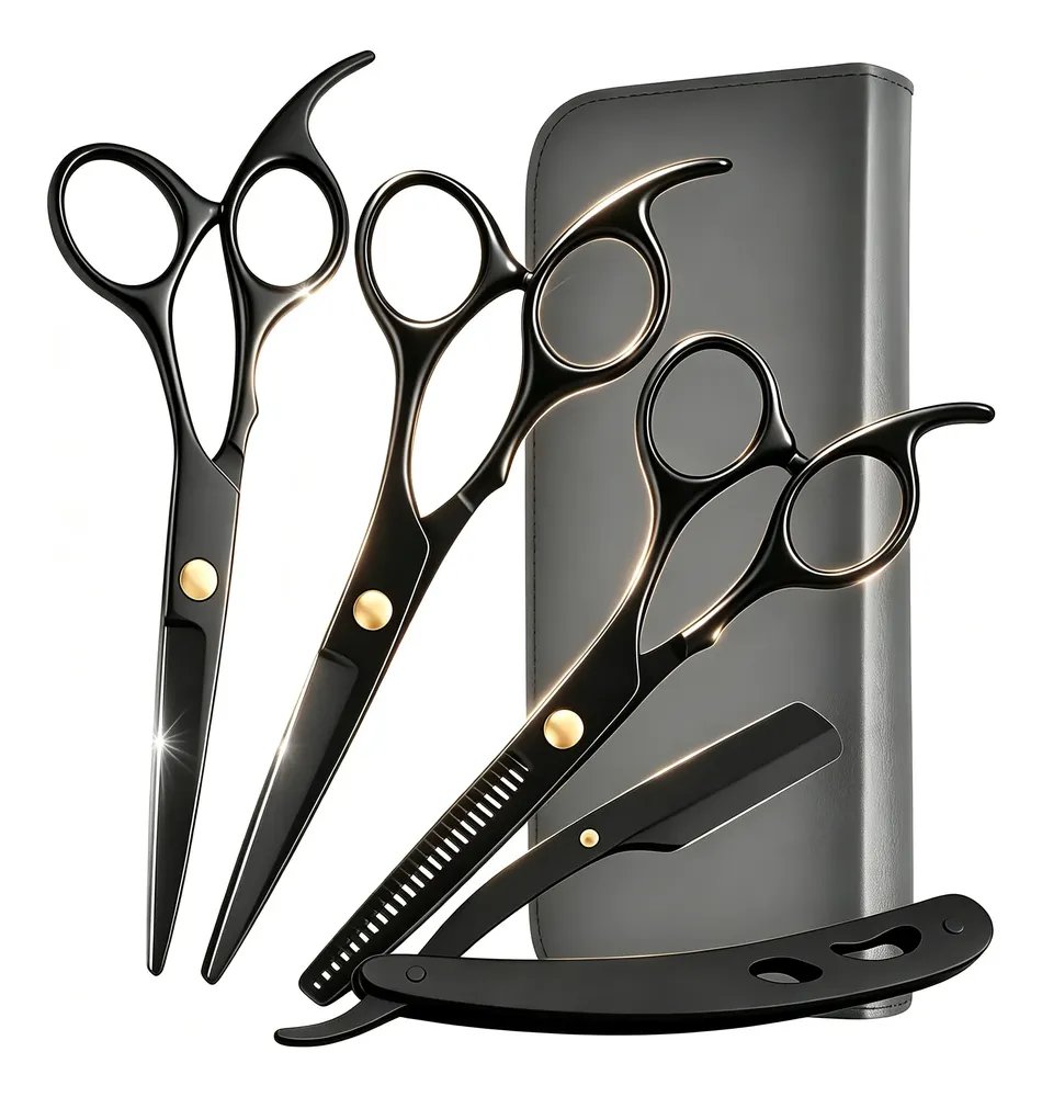 Kit 4 Tesoura Profissional Fio Laser Navalha Desfiadeira Preto Fio Laser Navalha Desfiadeira Barba 4 Peças