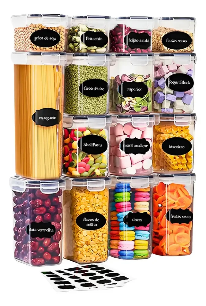 Kit 15 Potes Herméticos Organizadores De Mantimentos Para Cozinha E Despensa Vasilhas Transparentes Empilháveis Com Tampa Vedação Em Silicone Conserva Alimentos Frescos Por Mais Tempo