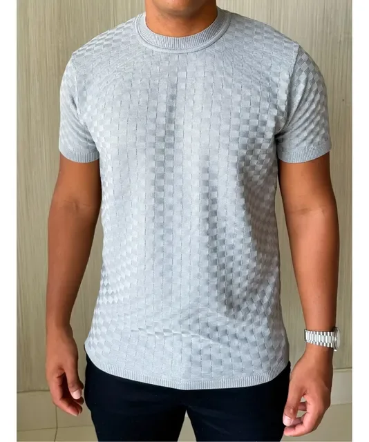 Camiseta Masculina Manga Curta Xadrez Tricô Leve Elegante