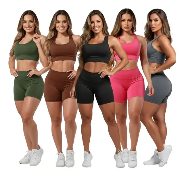 Kit 5 Conjunto Top + Short Fitness Roupas Femininas Academia