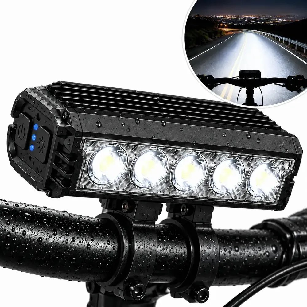 Farol Bike 5 Leds Potente  Usb-c Recarregável Alumínio Luz Preto
