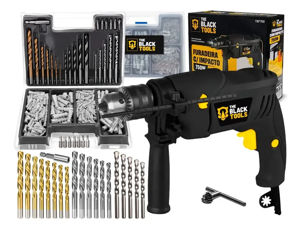 Furadeira De Impacto 13mm 750w Profissional Com Kit Brocas Buchas E Bits 300 Peças The Black Tools