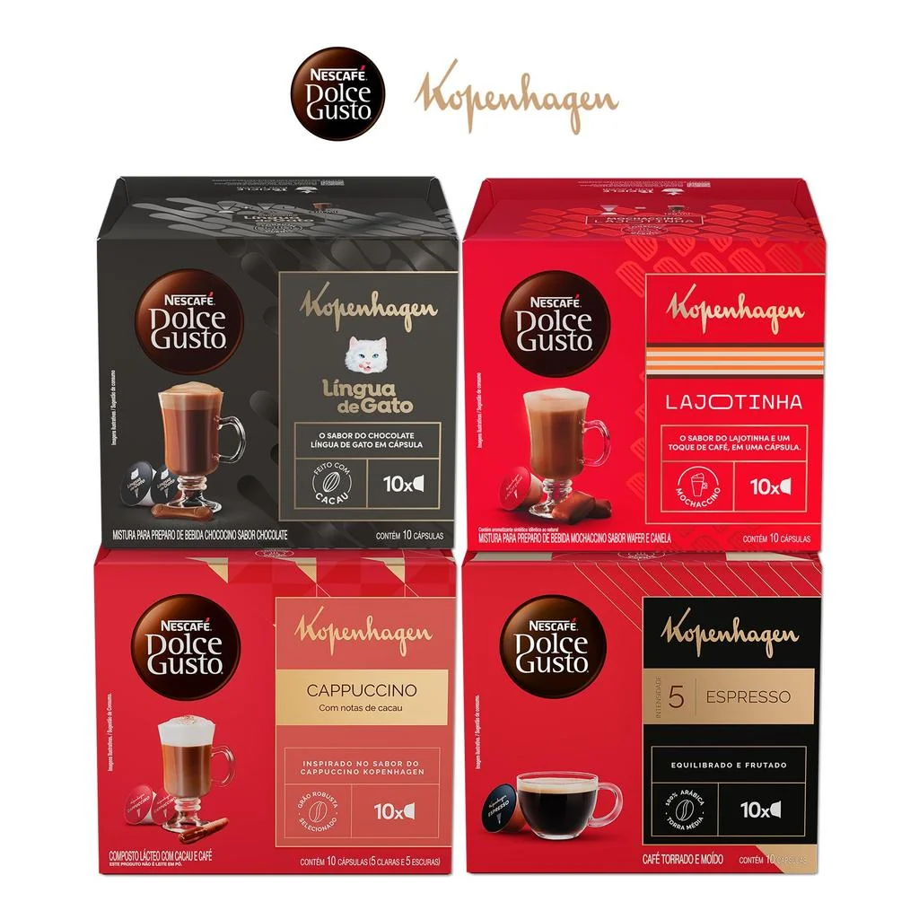 Kit Dolce Gusto + KOPENHAGEN - 40 cápsulas - Língua de Gato, Lajotinha, Cappuccino e Espresso