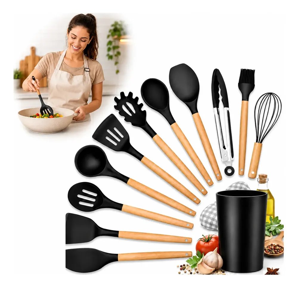 Kit Utensilios Cozinha Silicone Madeira 12 Pcs Preto