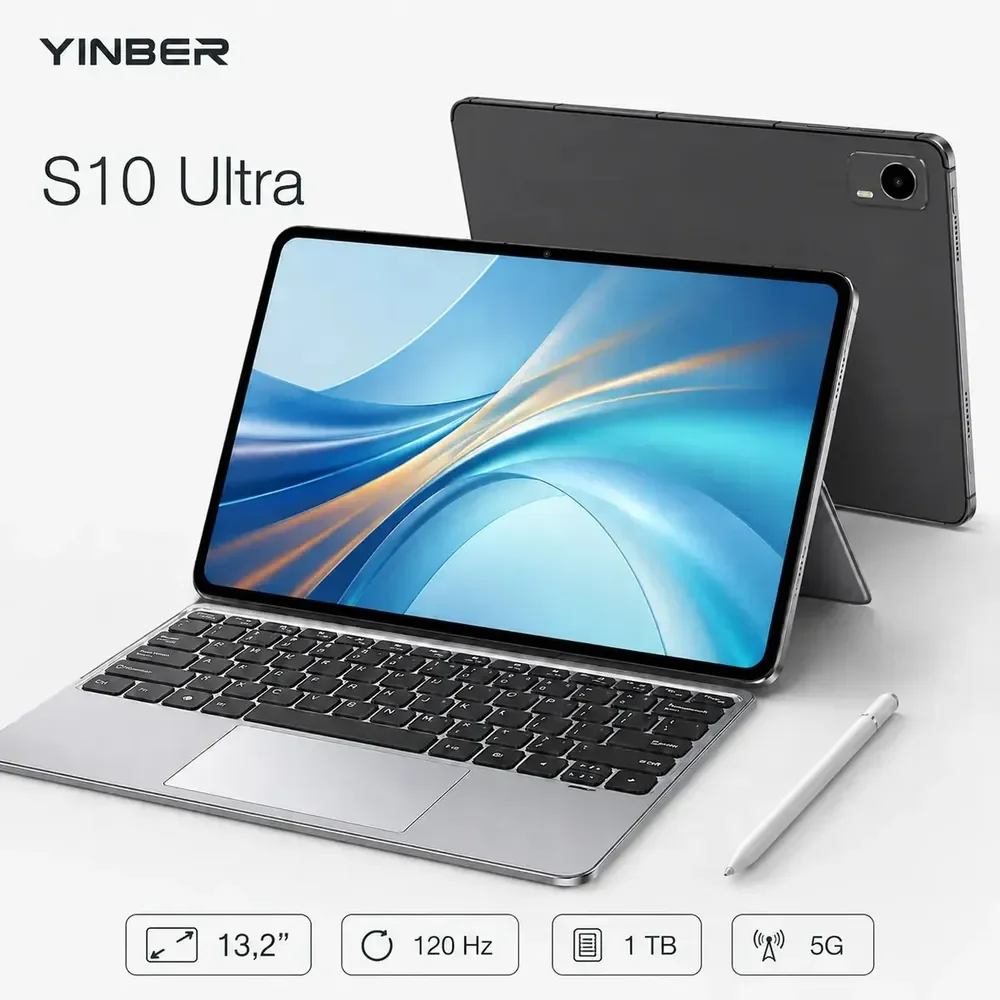 Notebook 2 em 1 Tablet PC Yinber S10 Ultra Android 16 Tela Touch 13,2” 120Hz 16GB RAM 1TB 5G Modo Desktop Teclado Touchpad Caneta Bateria 11600mAh