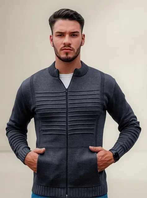 Jaqueta Masculina Blusa De Frio Malha Grossa Ziper E Bolso