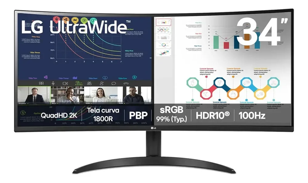 Monitor LG UltraWide Curvo, QuadHD 2K de 34”, PBP, sRGB 99%, HDR10, 100Hz, Preto - 34WR50QK-B