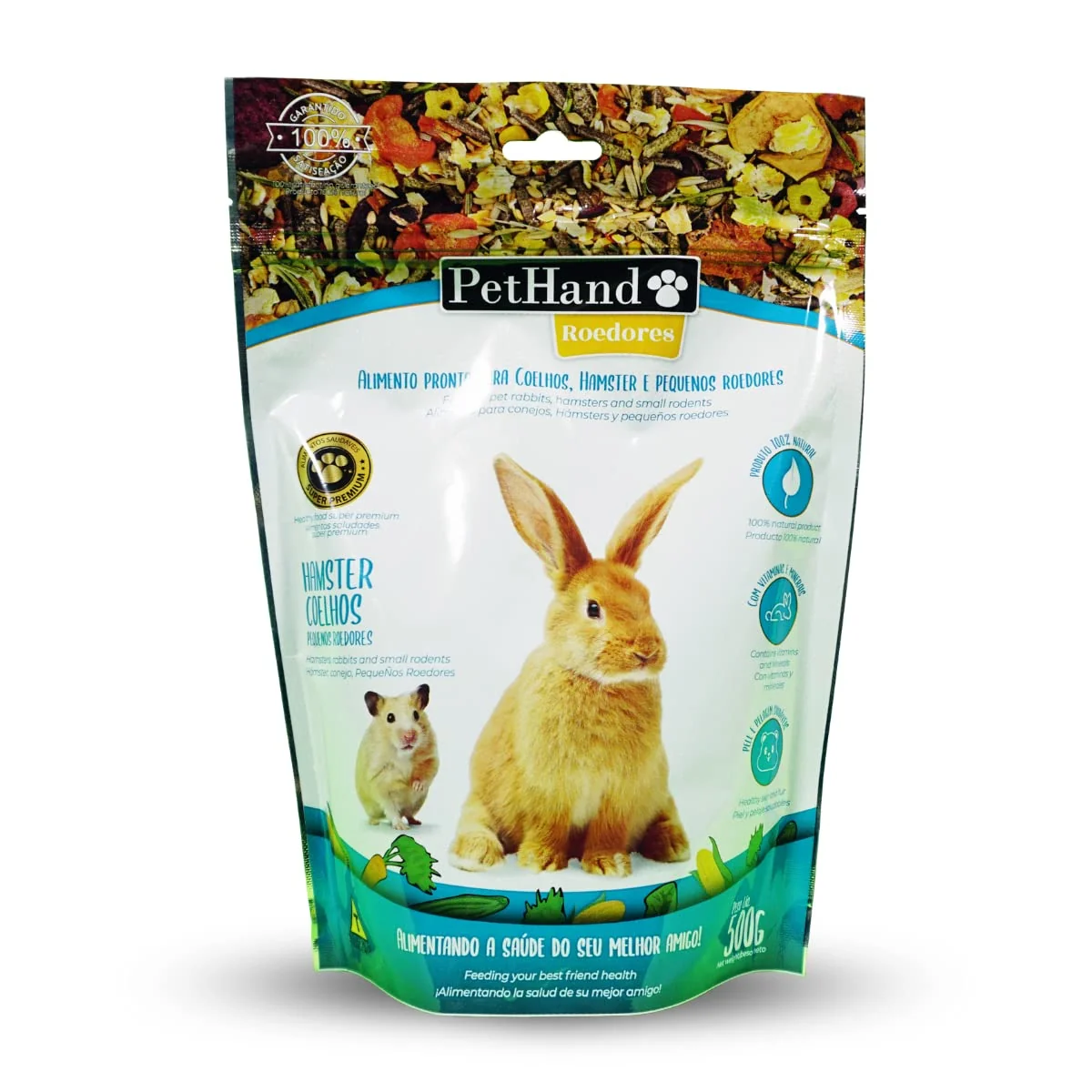 Ração Para Roedores Super Premium Pethand 500G, Fazenda Bioland, Alimento Pronto Para Coelhos, Hamster E Pequenos Roedores, Verde, Produto 100% Natural Com Vitaminas E Minerais, PetHand É Saúde E