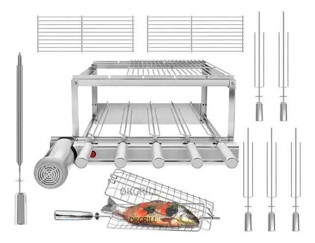 Gira Grill Inox 5 Espetos + Grelhas + Brinde