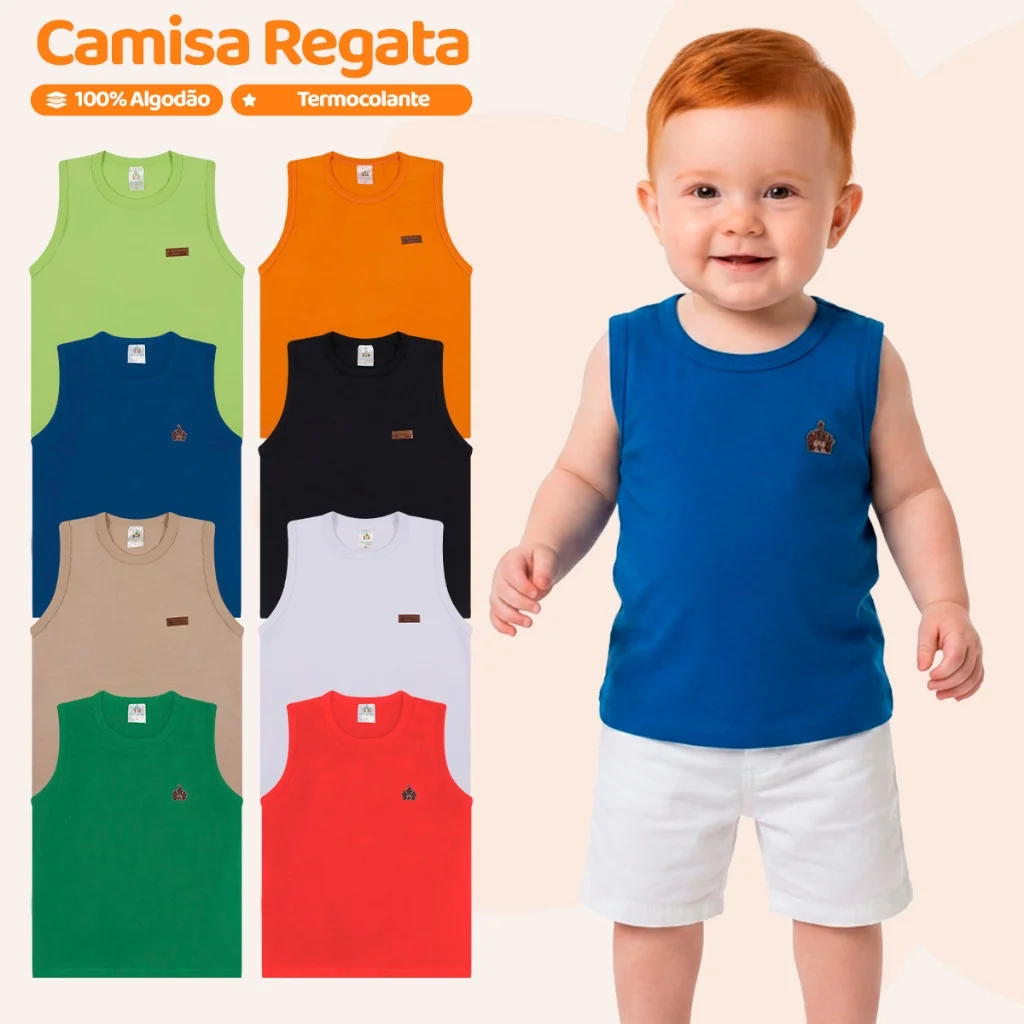 Kit Sortido 5 Regatas Infantil Menino Básica Lisa Tamanho 2 ao 12 Roupa Infantil Bebê Menino Verão Masculino infantil
