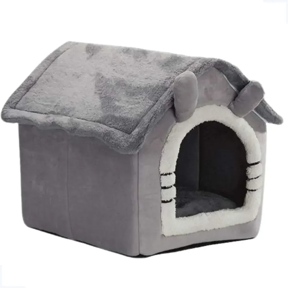 Casinha Cama Pet Macia Pelúcia Cinza Cabana Tenda Cães Gatos