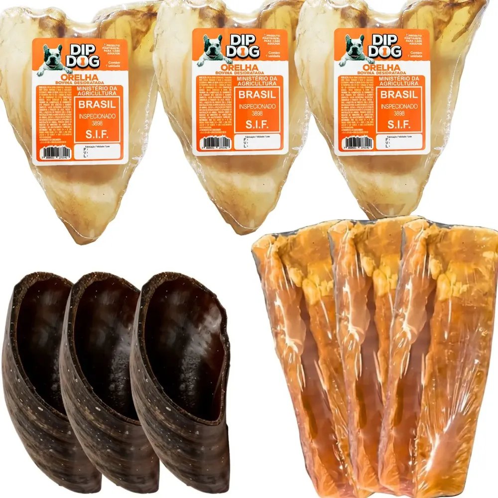 Kit 3un Orelha Bovina 3un Casco De Boi E 3un Traqueia Bovina Natural